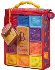 B. toys – One Two Squeeze Baby Blocks – Educational Baby with Numbers, Shapes, Animals and Texture