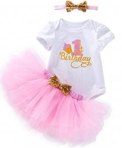 3Pcs Outfit Set Baby Girls One Year Old Birthday Lace Tutu