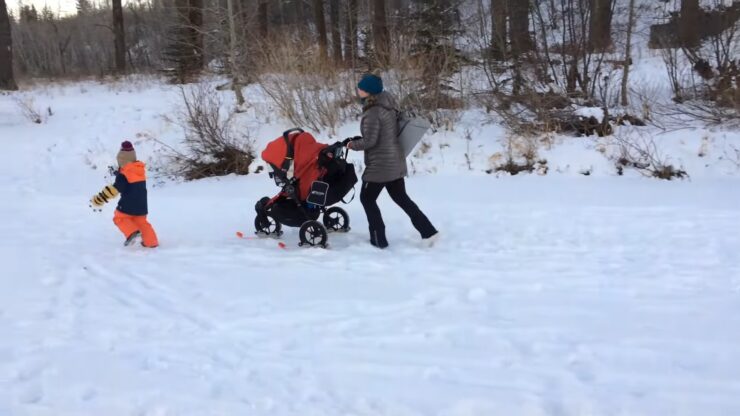 Winter Family Walk with Baby Jogger City Elite Stroller and Polar Stroller Skis